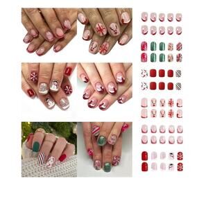 3 144 Pcs 6 Styles Christmas Press on Nails Kit Short Fake Nails French Tip S6